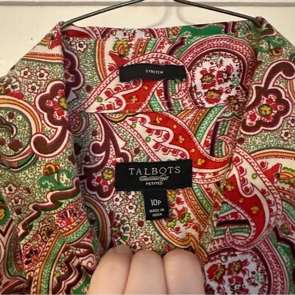 Talbots Stretch Poly Spandex Paisley Vibrant Colors Button Down Shirt Size 10P - Picture 4 of 8